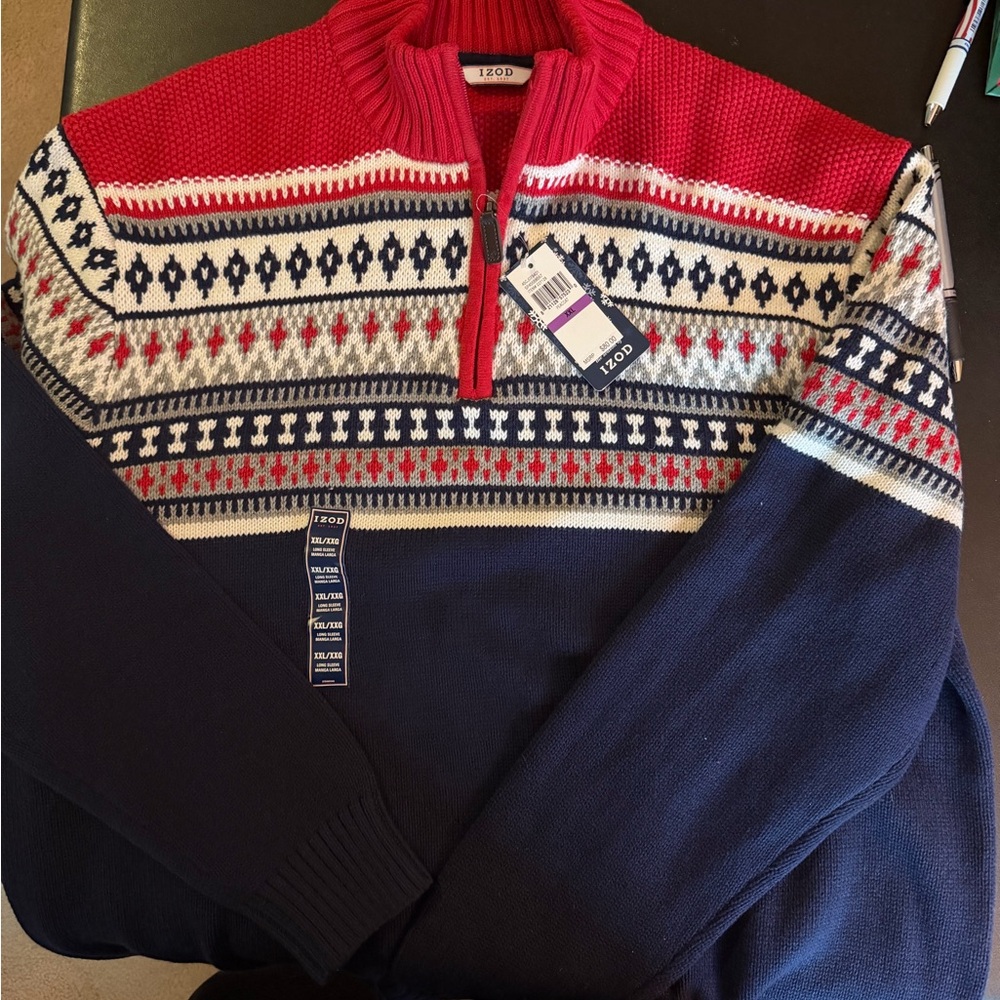 Izod Men's Red and Navy Patterned Zip-Up Sweater